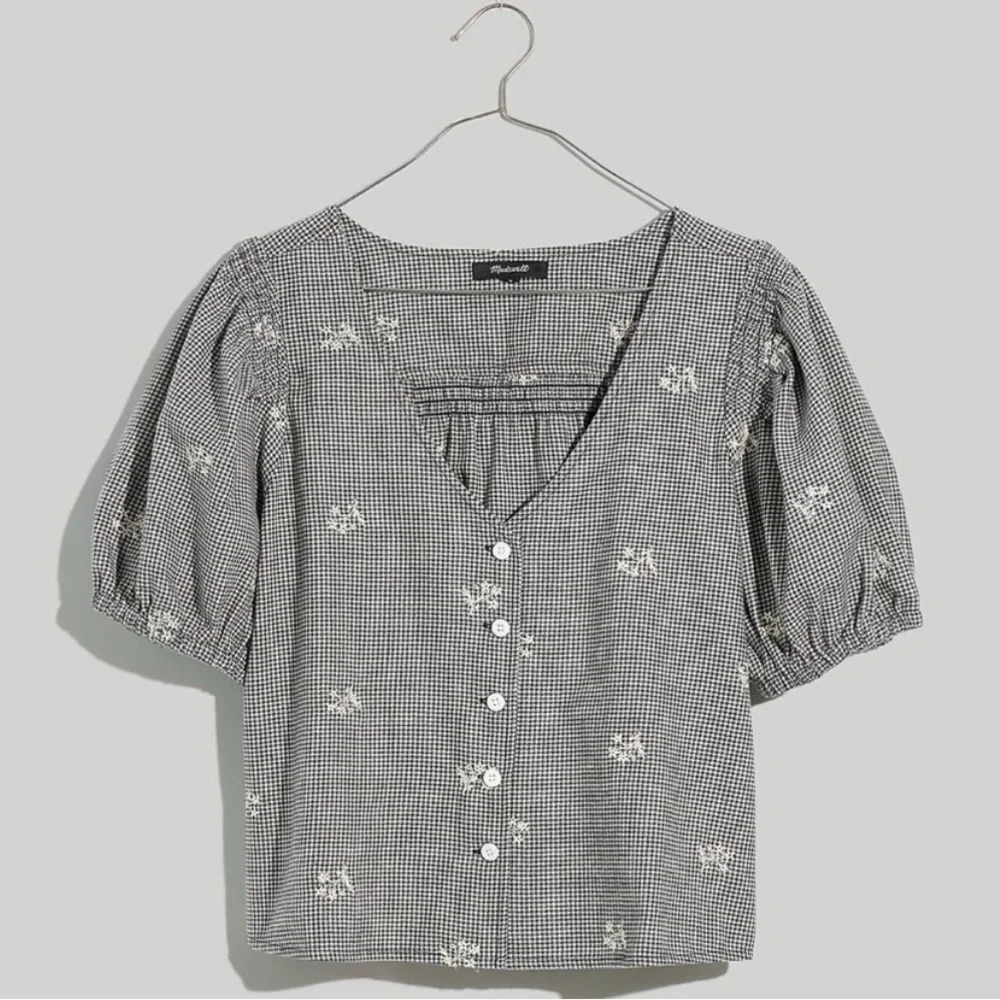 Madewell Black Gingham Floral Blouse S Embroidered Puff Sleeve Cottagecore Top